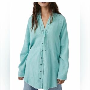 FREE PEOPLE Summer Daydream Tunic Button Blouse Top XL Teal Gauzy Spring